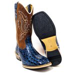 Bota Texana Masculina Bico Quadrado Couro Legítimo Bovino Jacaré Envelhecido Azul e Whisk Queima Salto Carrapeta