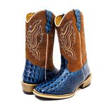 Bota Texana Masculina Bico Quadrado Couro Legítimo Bovino Jacaré Envelhecido Azul e Whisk Queima Salto Carrapeta