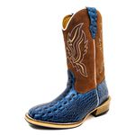 Bota Texana Masculina Bico Quadrado Couro Legítimo Bovino Jacaré Envelhecido Azul e Whisk Queima Salto Carrapeta