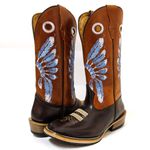 Bota Texana Masculina Bico Quadrado Couro Legítimo Crazy Horse Café e Látego Pinhão Solado Carrapeta