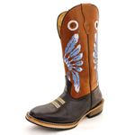 Bota Texana Masculina Bico Quadrado Couro Legítimo Crazy Horse Café e Látego Pinhão Solado Carrapeta