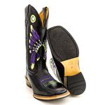 Bota Texana Masculina Couro Legítimo Látego Preto Bordado Cocar Roxo Salto Carrapeta 