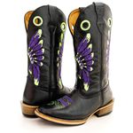 Bota Texana Masculina Couro Legítimo Látego Preto Bordado Cocar Roxo Salto Carrapeta 