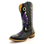 Bota Texana Masculina Couro Legítimo Látego Preto Bordado Cocar Roxo Salto Carrapeta 