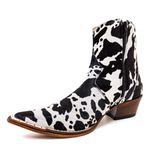 Botina Country Masculina Bico Fino Couro Legítimo Bovino Pelo Holandesa Preto e Branco Com Zíper 