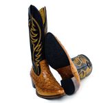Bota Texana Feminina Country Couro Legítimo Bovino Avestruz Laranja e Floater Preto Bordado Raio