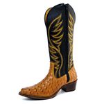 Bota Texana Feminina Country Couro Legítimo Bovino Avestruz Laranja e Floater Preto Bordado Raio