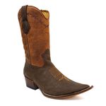 Bota Texana Masculina Bico Fino Couro Legítimo Bovino Crazy Horse Sela e Mustang Café Bordado Arame