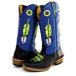 Bota Texana Masculina Couro Legítimo Bovino Látego Preto e Fly Azul Bordado Pena Salto Carrapeta