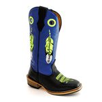 Bota Texana Masculina Couro Legítimo Bovino Látego Preto e Fly Azul Bordado Pena Salto Carrapeta