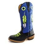 Bota Texana Masculina Couro Legítimo Bovino Látego Preto e Fly Azul Bordado Pena Salto Carrapeta