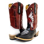 Bota Texana Carrapeta Couro Legítimo Fóssil Vinho/ Látego Branco e Preto Bordado Cocar