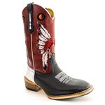 Bota Texana Carrapeta Couro Legítimo Fóssil Vinho/ Látego Branco e Preto Bordado Cocar