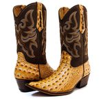 Bota Texana Masculina Bico Fino Couro Legítimo Bovino Mustang Pinhão e Dubai Caramelo