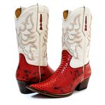 Bota Texana Masculina Bico Fino Couro Floater Marfim e Anaconda Vermelho