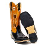 Bota Texana Masculina Couro Legítimo Bovino Látego Preto e Mustang Laranja Bordado Flecha Salto Carrapeta