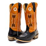 Bota Texana Masculina Couro Legítimo Bovino Látego Preto e Mustang Laranja Bordado Flecha Salto Carrapeta