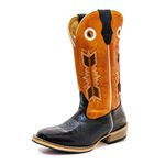 Bota Texana Masculina Couro Legítimo Bovino Látego Preto e Mustang Laranja Bordado Flecha Salto Carrapeta