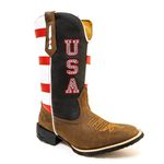 Bota Texana Country Bico Quadrado Couro Legítimo Mustang Café/ Horse Preto/ Floater Branco e Vermelho USA
