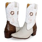 Bota Texana Cano Médio Feminina Country Couro Legítimo Bovino Dubai Chocolate / Floater Branco e Off White Bordado Floral 
