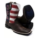 Bota Texana Country Couro Legítimo Solado Borracha Bico Quadrado Bandeira EUA