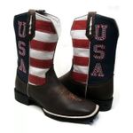 Bota Texana Country Couro Legítimo Solado Borracha Bico Quadrado Bandeira EUA