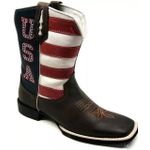 Bota Texana Country Couro Legítimo Solado Borracha Bico Quadrado Bandeira EUA