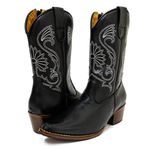 Bota Texana Cano Médio Feminina Country Couro Legítimo Bovino Floater Preto Bordado Floral