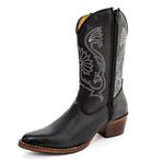 Bota Texana Cano Médio Feminina Country Couro Legítimo Bovino Floater Preto Bordado Floral