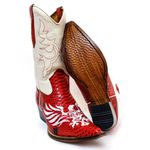 Bota Texana Masculina Bico Fino Couro Legítimo Bovino Anaconda Vermelho e Floater Marfim Fênix