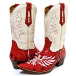 Bota Texana Masculina Bico Fino Couro Legítimo Bovino Anaconda Vermelho e Floater Marfim Fênix