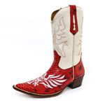 Bota Texana Masculina Bico Fino Couro Legítimo Bovino Anaconda Vermelho e Floater Marfim Fênix