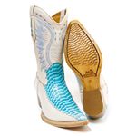 Bota Texana Masculina Modelo Costura Bico Fino Couro Bovino Legítimo Floater Off White e Anaconda Azul Celeste