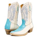 Bota Texana Masculina Modelo Costura Bico Fino Couro Bovino Legítimo Floater Off White e Anaconda Azul Celeste