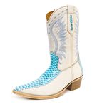Bota Texana Masculina Modelo Costura Bico Fino Couro Bovino Legítimo Floater Off White e Anaconda Azul Celeste