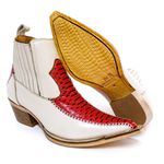 Botina Country Masculina Bico Fino Couro Legítimo Bovino Floater Off White e Anaconda Vermelho Costura