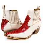 Botina Country Masculina Bico Fino Couro Legítimo Bovino Floater Off White e Anaconda Vermelho Costura