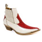 Botina Country Masculina Bico Fino Couro Legítimo Bovino Floater Off White e Anaconda Vermelho Costura