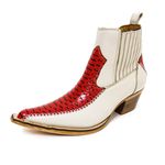 Botina Country Masculina Bico Fino Couro Legítimo Bovino Floater Off White e Anaconda Vermelho Costura