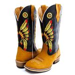 Bota Texana Masculina Couro Legítimo Bovino Látego Preto e Nobuck Castor Bordado Cocar Salto Carrapeta