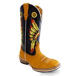 Bota Texana Masculina Couro Legítimo Bovino Látego Preto e Nobuck Castor Bordado Cocar Salto Carrapeta