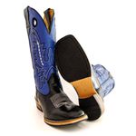 Bota Texana Masculina Couro Legítimo Bovino Látego Preto e Fly Azul Bordada Salto Carrapeta
