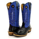 Bota Texana Masculina Couro Legítimo Bovino Látego Preto e Fly Azul Bordada Salto Carrapeta