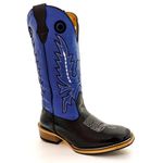 Bota Texana Masculina Couro Legítimo Bovino Látego Preto e Fly Azul Bordada Salto Carrapeta