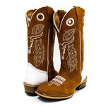 Bota Texana Masculina Couro Legítimo Bovino Crazy Horse Sela e Látego Branco Boi Salto Carrapeta