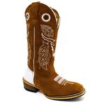 Bota Texana Masculina Couro Legítimo Bovino Crazy Horse Sela e Látego Branco Boi Salto Carrapeta