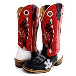 Bota Texana Carrapeta Couro Floater Preto/ Branco e Mustang Vermelho Cocar
