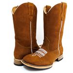 Bota Texana Masculina Cano Padrão Couro Legítimo Nobuck Batido Florão Branco Salto Reto