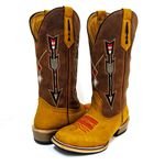 Bota Texana Masculina Couro Legítimo Bovino Nobuck Castor e Fóssil Pinhão Bordado Flecha Salto Carrapeta