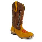 Bota Texana Masculina Couro Legítimo Bovino Nobuck Castor e Fóssil Pinhão Bordado Flecha Salto Carrapeta